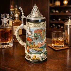 Vintage GERZ Germany Lidded Beer Stein – German Cityscape Relief – Pewter Lid